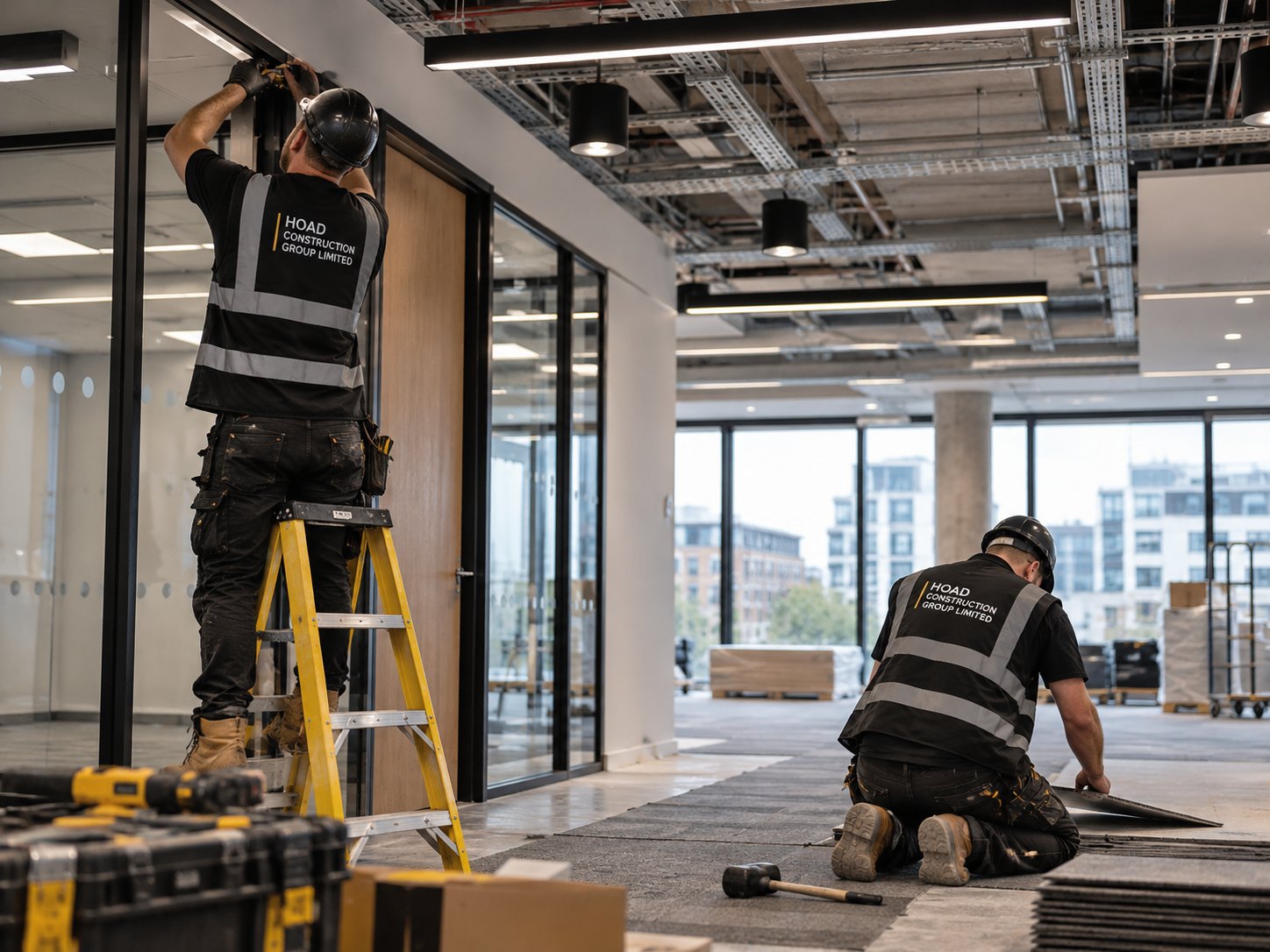 Hoad operatives in branded hi-vis vests fitting glazed partitions and carpet tiles in a commercial office