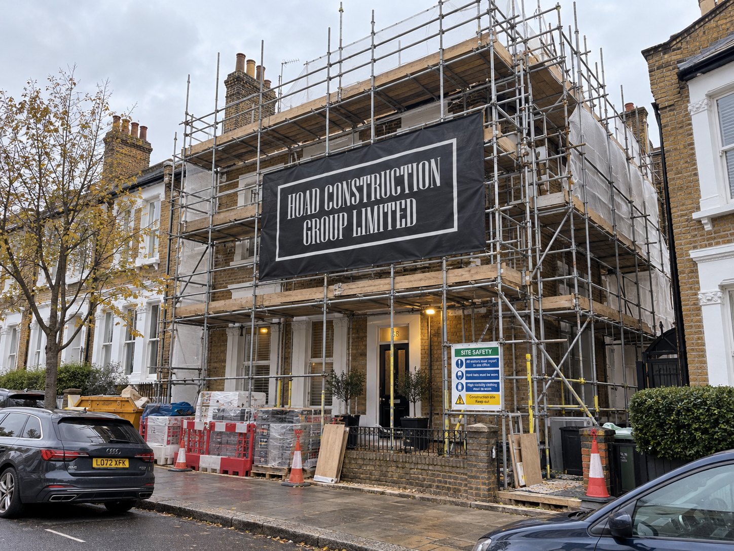 Scaffolded London terrace under renovation with a large Hoad Construction Group banner