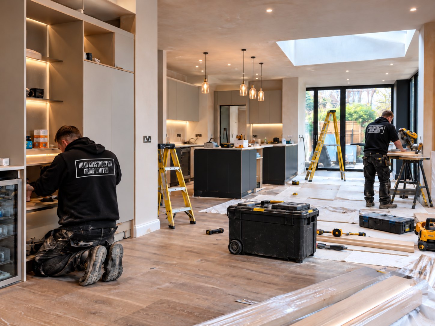 Hoad tradespeople fitting out an open-plan kitchen and living space