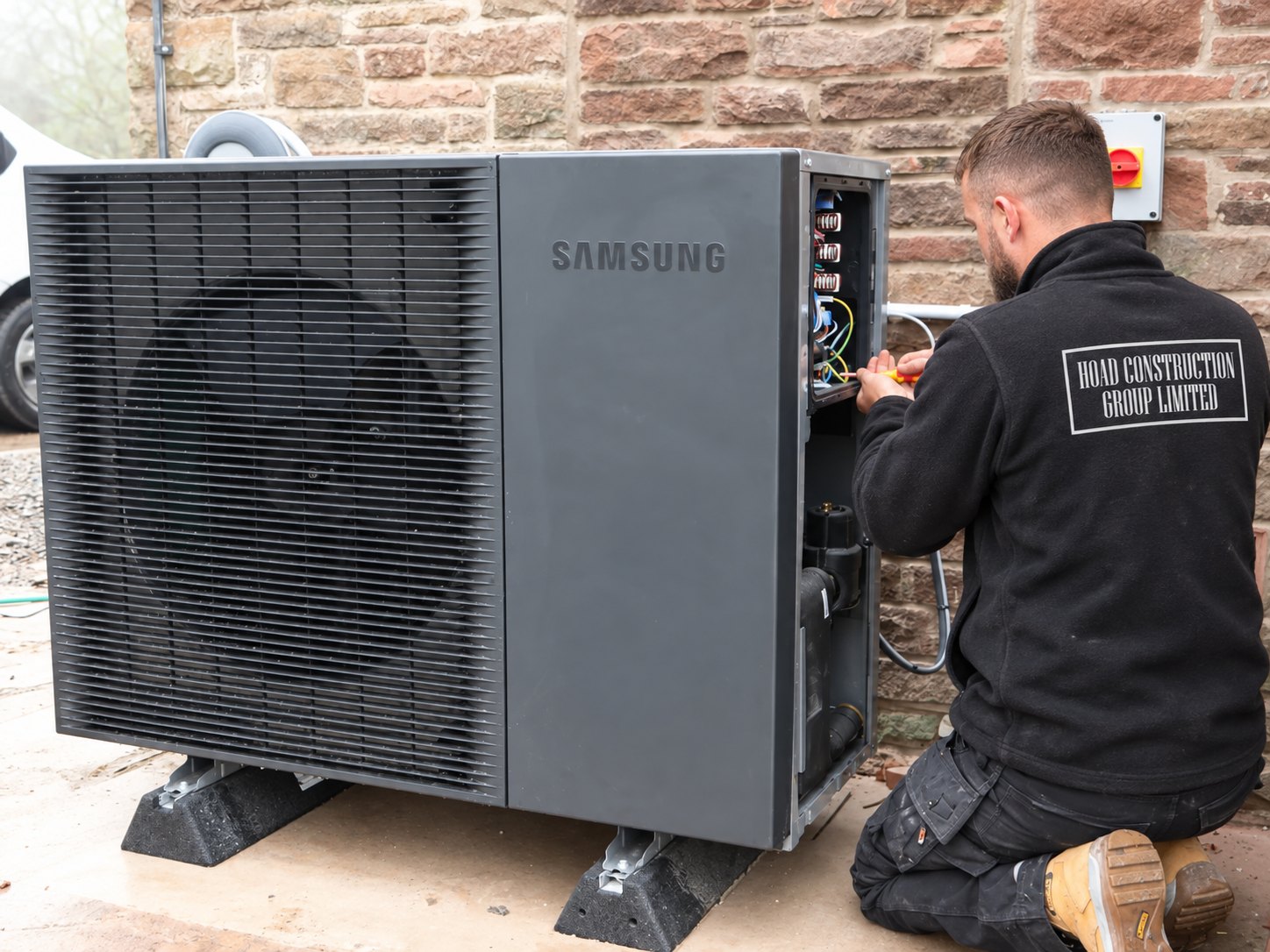 Hoad engineer wiring up an outdoor air source heat pump unit against a stone wall