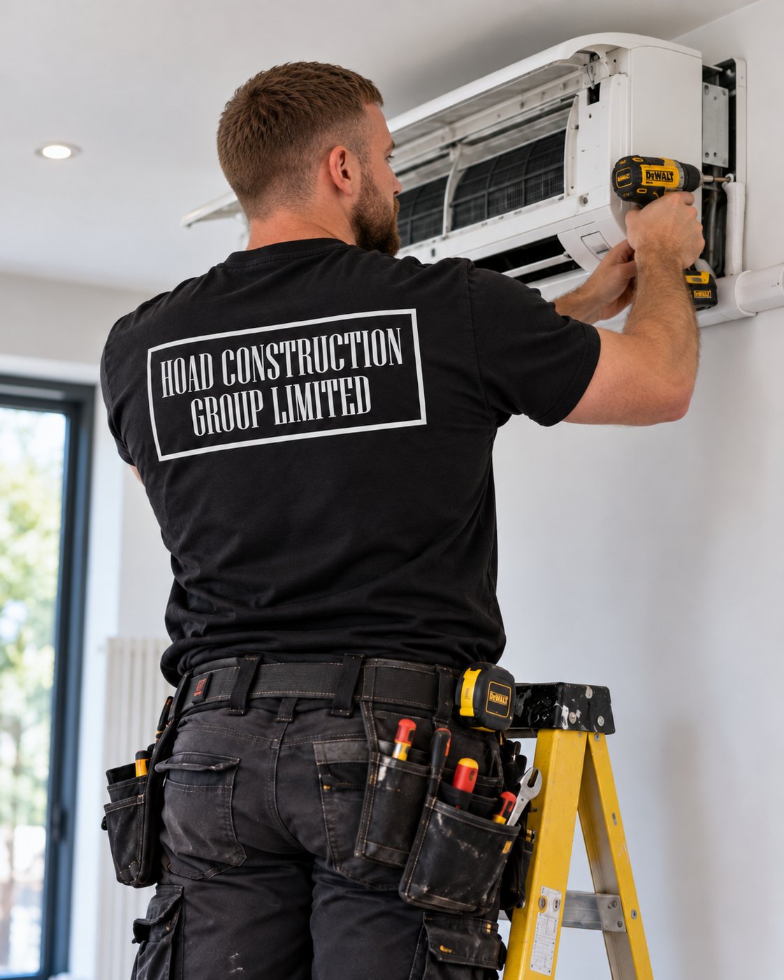 Hoad engineer in a branded company T-shirt installing a wall-mounted air conditioning unit