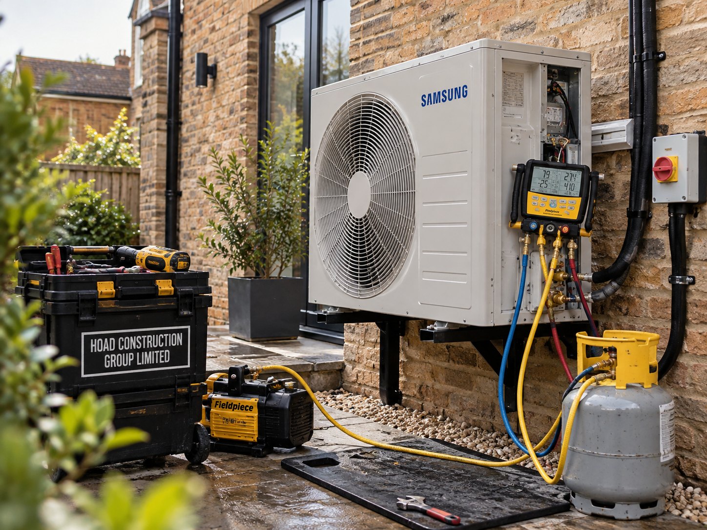 Outdoor air conditioning unit connected to refrigerant gauges and a vacuum pump during a repair, with a Hoad Construction Group toolbox
